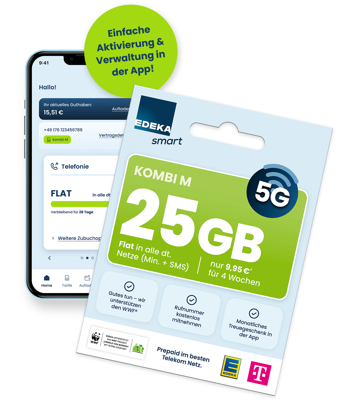Abbildung des EDEKA smart Kombi M Startsets vor einem Smartphone mit der App Ansicht und dem Hinweis auf einfache Aktivierung und Verwaltung sowie der Preisangabe 9,95 Euro und 5 Euro Startguthaben
