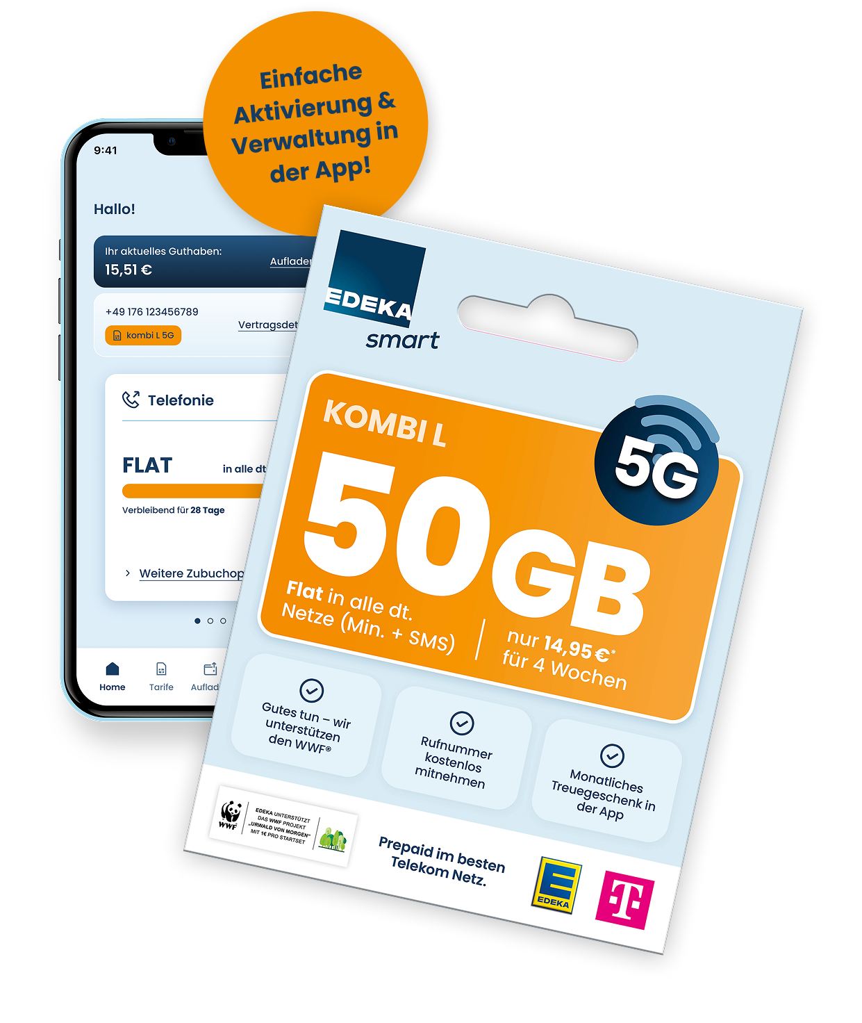 Abbildung des EDEKA smart Kombi L Startsets vor einem Smartphone mit der App Ansicht und dem Hinweis auf einfache Aktivierung und Verwaltung sowie der Preisangabe 14,95 Euro und 5 Euro Startguthaben