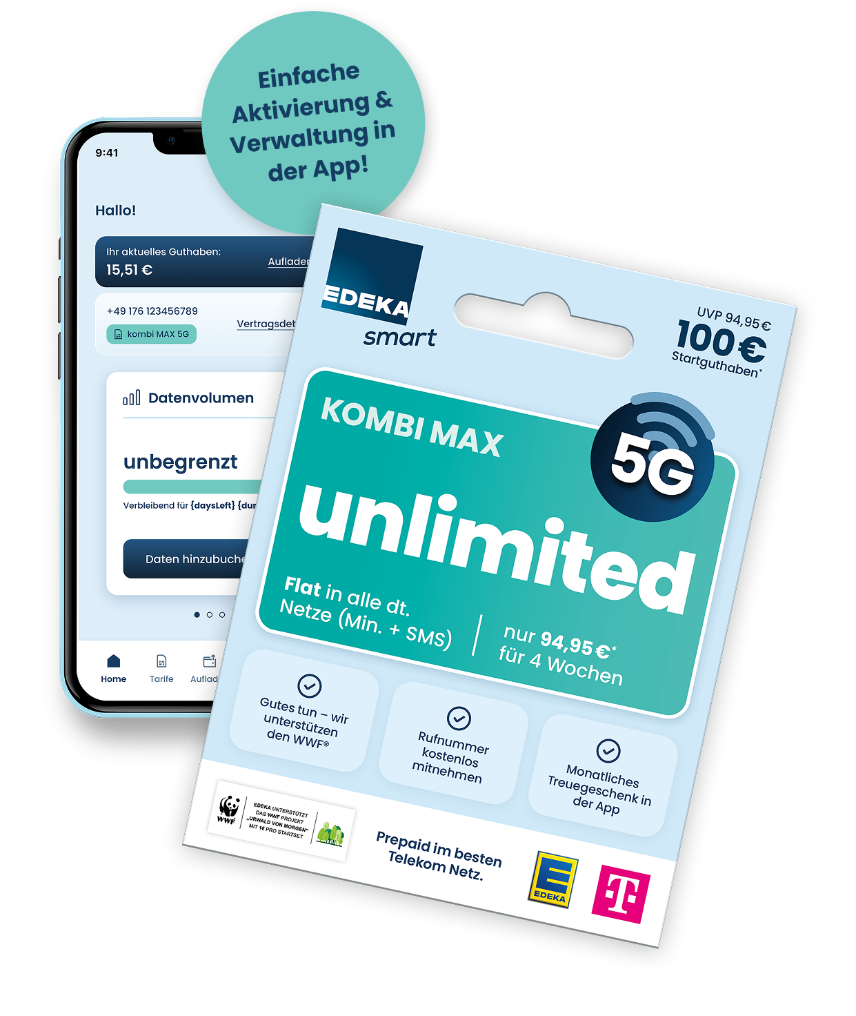 Abbildung des EDEKA smart Kombi MAX Startsets vor einem Smartphone mit der App Ansicht und dem Hinweis auf einfache Aktivierung und Verwaltung sowie der Preisangabe 94,95 Euro und 100 Euro Startguthaben