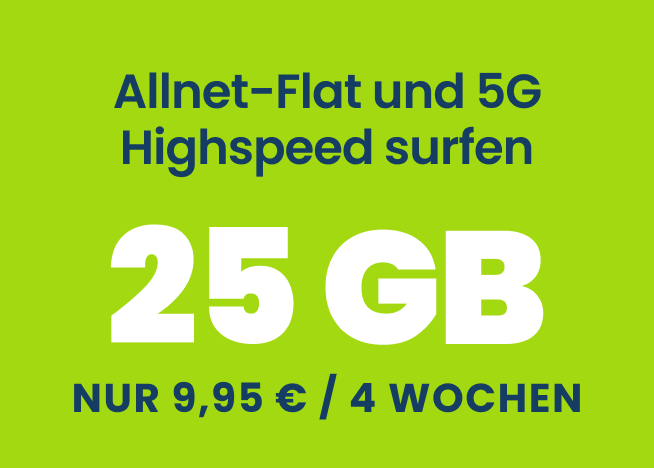 Werbebanner zum EDEKA smart Kombi M Tarif mit dem Hinweis auf 25 Gigabyte Datenvolumen und Allnet Flat für 9,95 Euro für vier Wochen und einer Raketenillustration