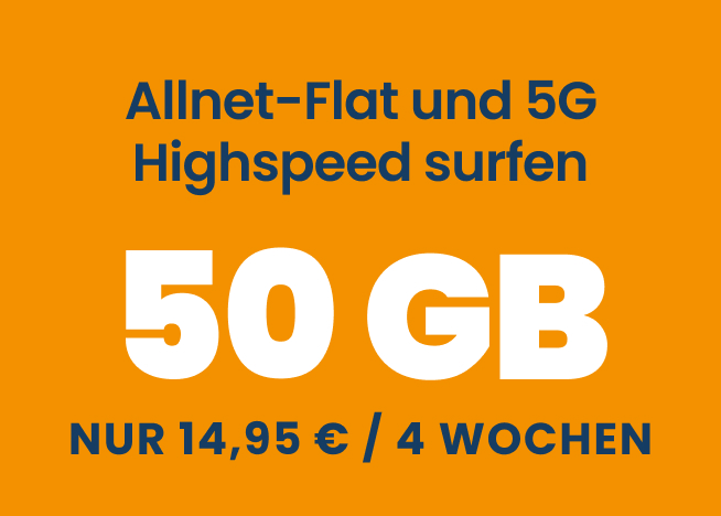 Werbebanner zum EDEKA smart Kombi L Tarif mit dem Hinweis auf 50 Gigabyte Datenvolumen und Allnet Flat für 14,95 Euro für vier Wochen und einer Raketenillustration