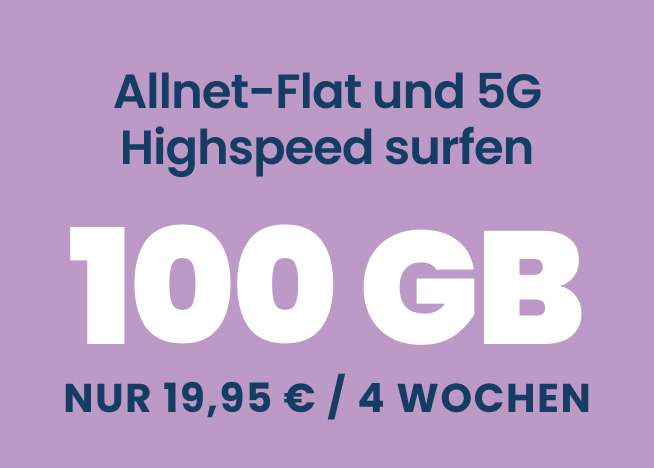 Werbebanner zum EDEKA smart Kombi XL Tarif mit dem Hinweis auf 100 Gigabyte Datenvolumen und Allnet Flat für 19,95 Euro für vier Wochen und einer Raketenillustration