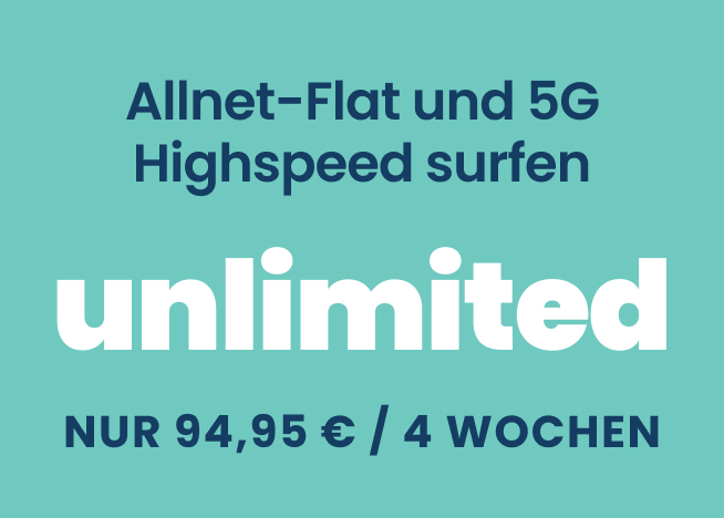 Werbebanner zum EDEKA smart Kombi MAX Tarif mit dem Hinweis auf unbegrenztes 5G Datenvolumen und Allnet Flat für 94,95 Euro für vier Wochen und einer Raketenillustration