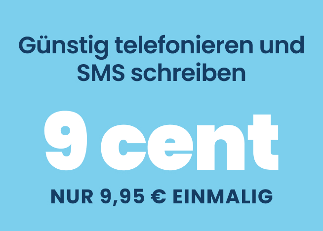 Werbebanner zum EDEKA smart Telefonie Tarif mit dem Hinweis auf 9 Cent pro Minute und SMS und einer Raketenillustration sowie der Preisangabe 9,95 Euro einmalig
