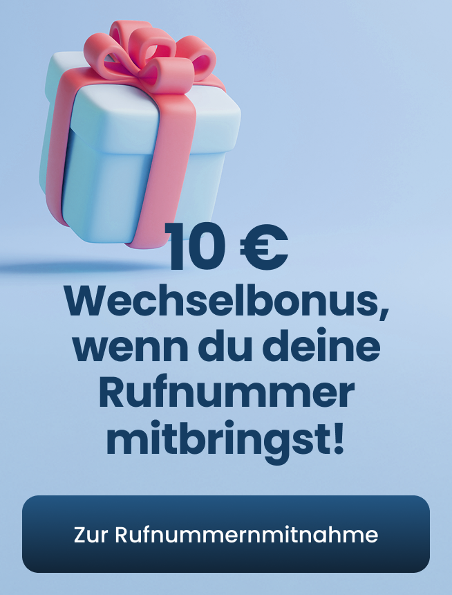 Werbebanner zum 10 Euro Wechselbonus bei Rufnummernmitnahme mit einem Geschenk Motiv und einem Smartphone mit der App Ansicht zur Rufnummernmitnahme