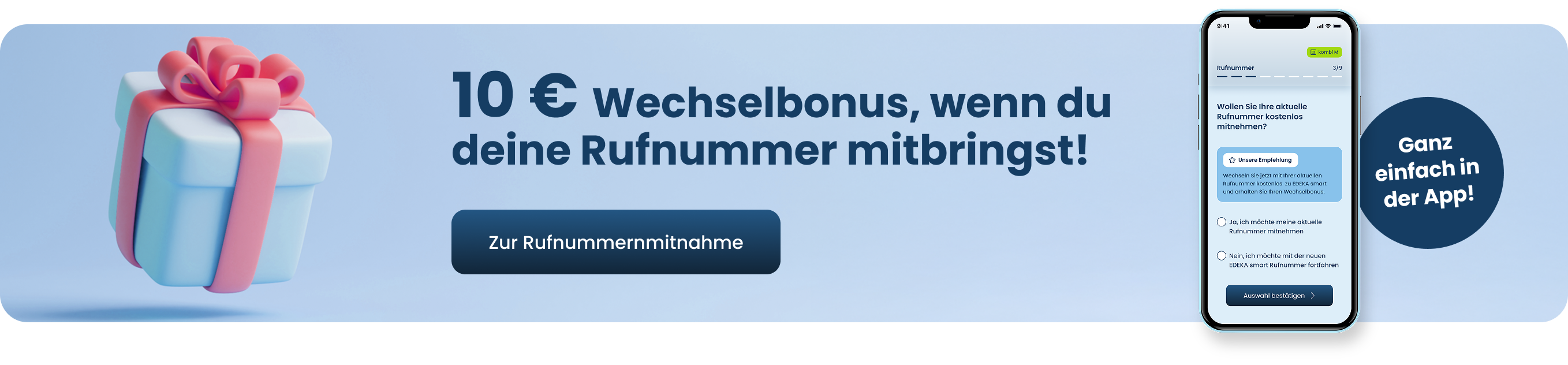 Werbebanner zum 10 Euro Wechselbonus bei Rufnummernmitnahme mit einem Geschenk Motiv und einem Smartphone mit der App Ansicht zur Rufnummernmitnahme