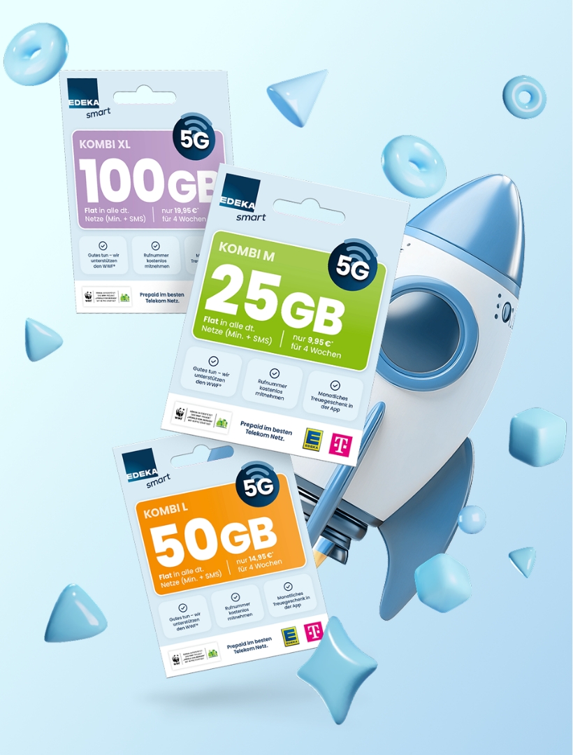 Abbildung der EDEKA smart Startsets Kombi L Kombi M und Kombi XL vor einer Raketenillustration