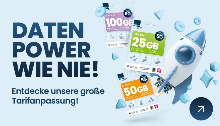 Breiter Banner mit den EDEKA smart Startsets Kombi XL Kombi L und Kombi M sowie einer Raketenillustration und dem Hinweis auf die Tarifanpassung