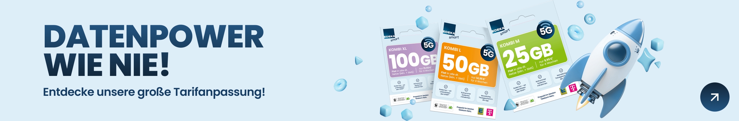 Breiter Banner mit den EDEKA smart Startsets Kombi XL Kombi L und Kombi M sowie einer Raketenillustration und dem Hinweis auf die Tarifanpassung