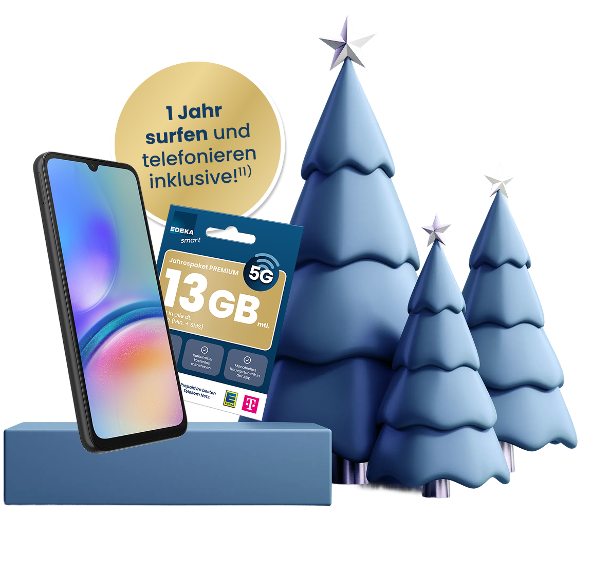 Produktmotiv mit Smartphone und EDEKA smart Jahrespaket Premium 13 GB vor winterlicher Kulisse mit dekorativen Tannenbäumen und Hinweis auf ein Jahr Surfen und Telefonieren inklusive.