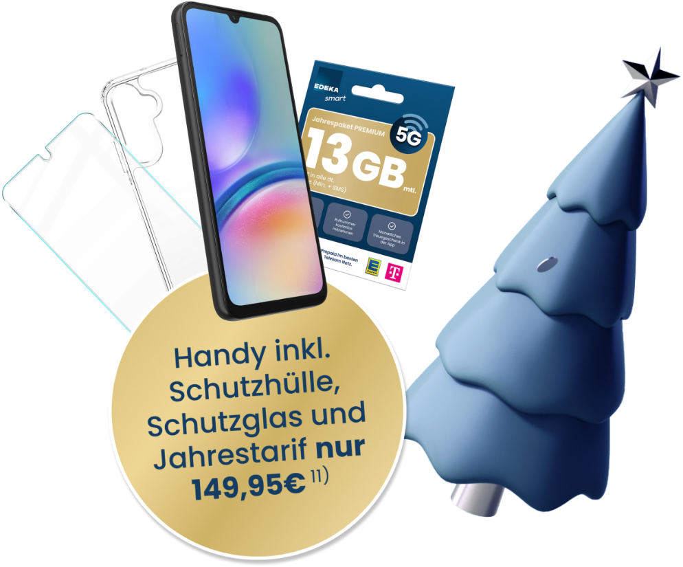 Produktmotiv mit Smartphone, transparenter Schutzhülle, Schutzglas und EDEKA smart Jahrespaket Premium 13 GB vor winterlicher Kulisse